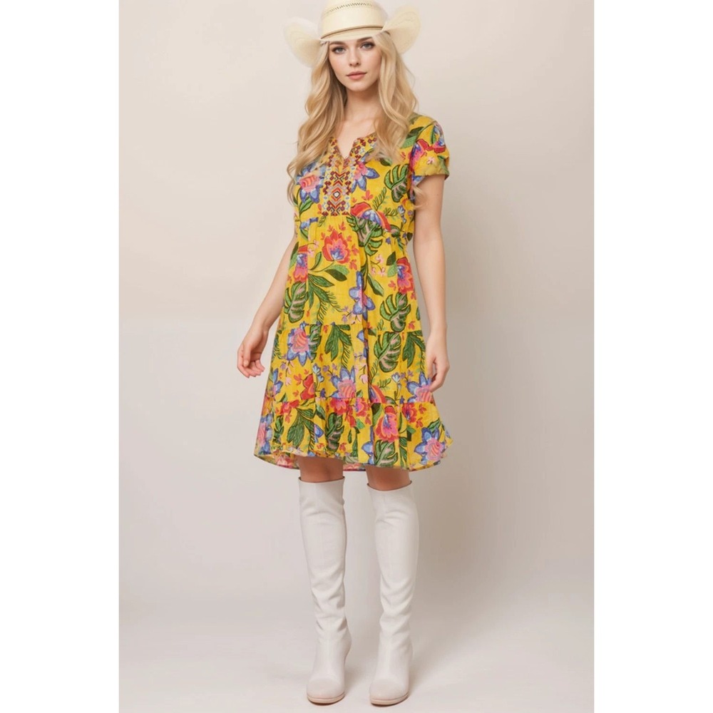 Johnny Was Workshop Mini Dress M Yellow Floral Embroidered Tiered Boho Tropical